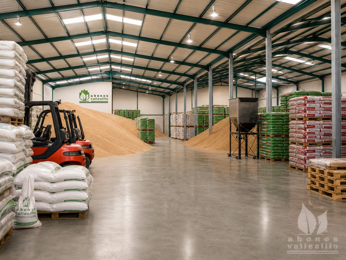 Interior del almacén de Abonos y Cereales Vallecillo con producto y grano